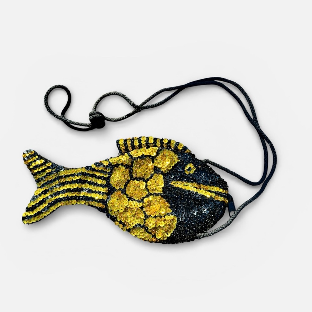 Vtg Sequin Fish Bag Gold Beaded Crossbody Shoulder Resort Beach 70s 80s Boho - Picture 5 of 5